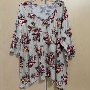 Woman Within Women's Floral Print 3/4 Sleeve V-Neck Pintucked Tunic Top Plus 1X